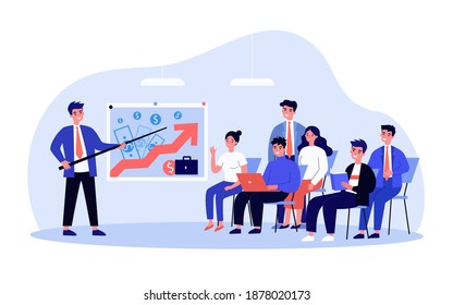 Couch presenting successful business model to employees. Leader pointing at growth chart on board flat vector illustration. Presentation, success concept for banner, website design or landing web page