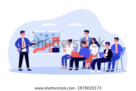 Couch presenting successful business model to employees. Leader pointing at growth chart on board flat vector illustration. Presentation, success concept for banner, website design or landing web page