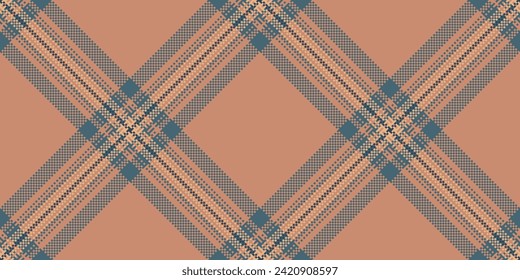 Couch seamless check textile, silk fabric tartan pattern. Manufacturing vector background plaid texture in orange and cyan color.
