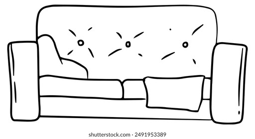 Couch or sofa front view with a pillow and a blanket hanging from the side cozy interior furniture decoration hand drawn outline vector illustration. Isolated on white background