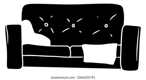 Couch or sofa front view with a pillow and a blanket hanging from the side cozy interior furniture decoration silhouette vector illustration. Isolated on white background