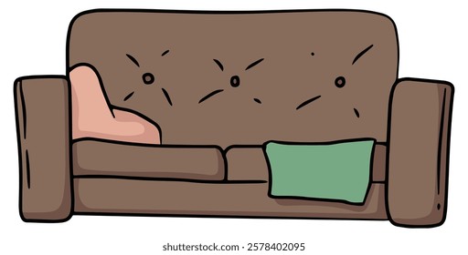 Couch or sofa front view with a pillow and a blanket hanging from the side cozy interior furniture decoration colored doodle vector illustration. Isolated on white background