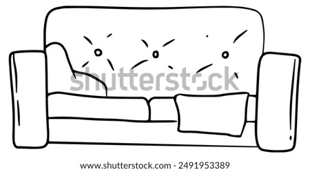 Couch or sofa front view with a pillow and a blanket hanging from the side cozy interior furniture decoration hand drawn outline vector illustration. Isolated on white background