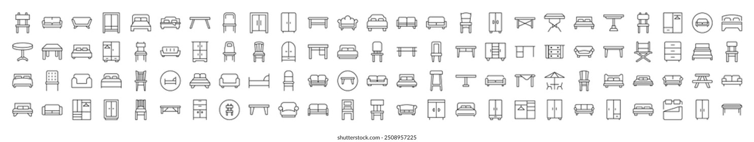 Couch, Sofa, Table, Chair Line Icon Pack. Editable Stroke. Minimalistic Linear Pictogram for Design of Cards, Apps, Banners, Posts 