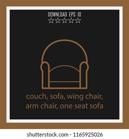 couch, sofa, wing chair, arm chair, one seat sofa vector icon