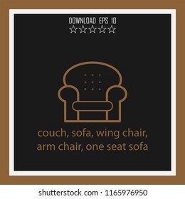 couch, sofa, wing chair, arm chair, one seat sofa vector icon