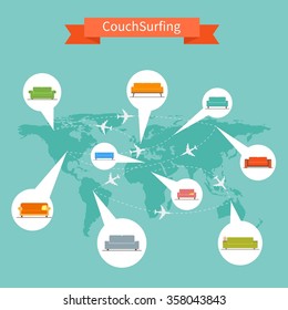 Couch Surfing and sharing economy concept. Vector illustration in flat style design. Travel infographic.