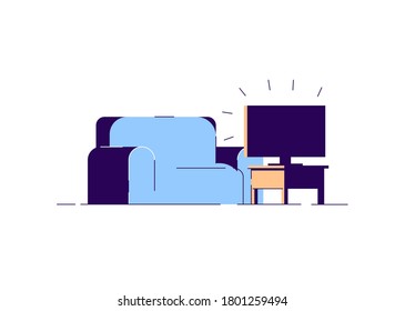 Couch and television semi flat RGB color vector illustration. Blue sofa and TV set isolated cartoon objects on white background. Living room furnishing. Modern media recreation, movie night