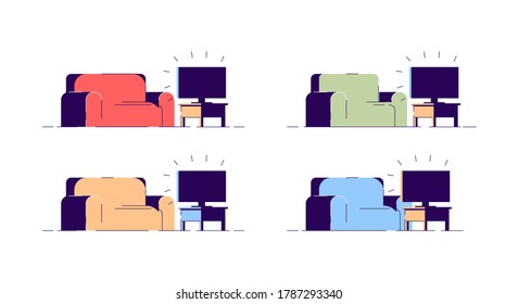 Montaje de ilustraciones vectoriales de color RGB semiplana de sofá y TV. Sofás de diferentes colores y televisión emiten dibujos animados aislados sobre fondo blanco. Elementos interiores del hogar, paquete de muebles de la sala de estar