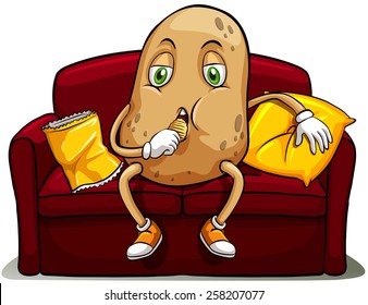 Couched potato on a red sofa eating on a white background