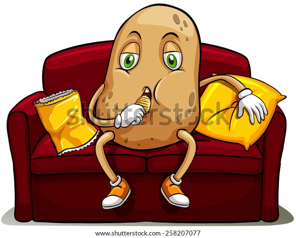 Couched\
potato on a red sofa eating on a white\
background