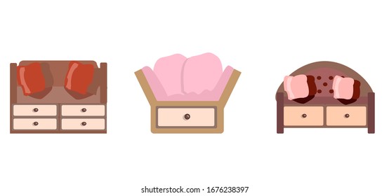 Couches with drawers. Sofa and couches colorful cartoon illustration vector set. Collection of comfortable lounge for interior design isolated. Retro-style. Different models of settee icons.