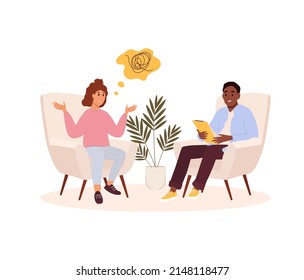 Couching session or psychoanalysis session. Afro American psychiatry doctor. Emotional support concept. Vector illustration