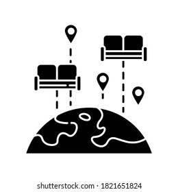 Couchsurfing black glyph icon. Budget tourism silhouette symbol on white space. Finding affordable accommodation in travel. Hospitality exchange. World map with couches vector isolated illustration