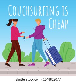 Couchsurfing is cheap social media post mockup. Lodging without charge. Advertising banner design template. Social media booster, content layout. Promotion poster, print ads with flat illustrations