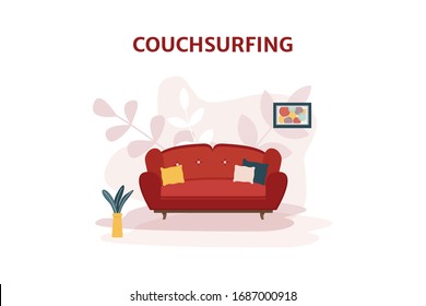 Couchsurfing cheap travel concept. Couch surfing design with sofa in vector flat style. Illustration for budget traveller