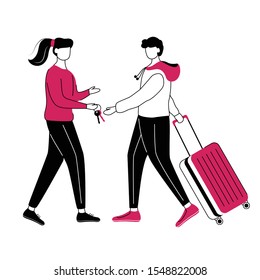 Couchsurfing flat contour vector illustration. Lodging without charge. Cheap travel isolated cartoon outline character on white background. Girl gives keys to guest. Budget tourism simple drawing