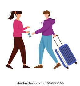 Couchsurfing flat contour vector illustration. Lodging without charge. Girl gives keys to her guest. Budget tourism. Cheap travelling choice isolated cartoon outline character on white background