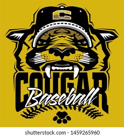 cougar baseball team design with mascot and stitches for school, college or league