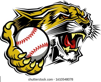 cougar baseball team mascot holding ball for school, college or league