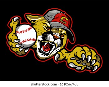 cougar baseball team mascot holding ball for school, college or league