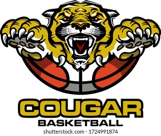 cougar basketball team design with ball and mascot for school, college or league