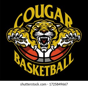 cougar basketball team design with ball and mascot for school, college or league