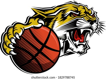 cougar basketball team mascot holding ball for school, college or league