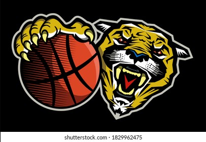 cougar basketball team mascot holding ball for school, college or league
