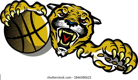 cougar basketball team mascot holding ball for school, college or league