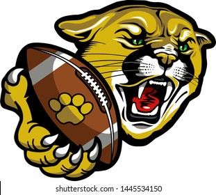 cougar football mascot holding ball in paw for school, college or league