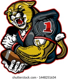 cougar football player mascot holding ball for school, college or league