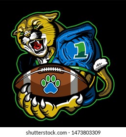 cougar football player mascot holding ball for school, college or league