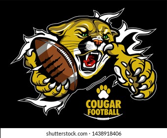 cougar football team design with mascot holding ball in claw ripping through background for school, college or league