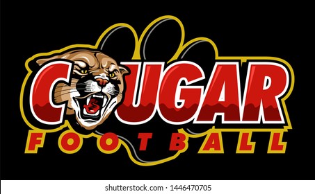 cougar football team design with mascot head and paw print for school, college or league