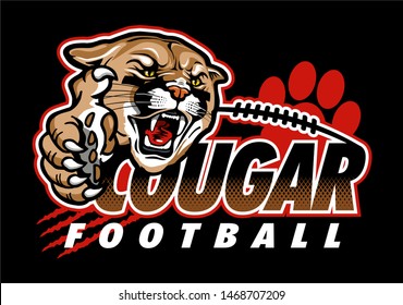 cougar football team design with mascot head, claw and laces for school, college or league