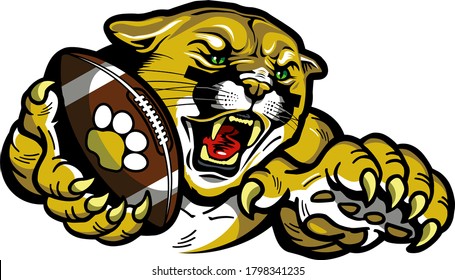 Cougar Football Team Mascot Holding Ball In Claw For School, College Or League