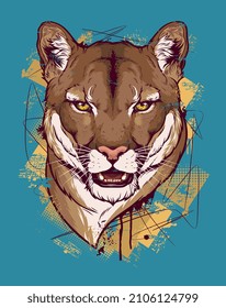 Cougar head on the abstract background. Digital ink vector drawing. 