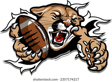 cougar mascot holding football in claw ripping through background for school, college or league sports