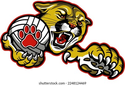 cougar mascot holding volleyball for school, college or league sports