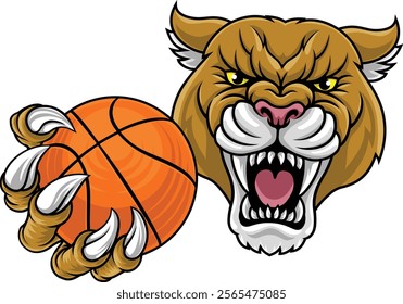 Cougar panther mountain lion puma wildcat cat basketball mascot sports team mascot holding a ball