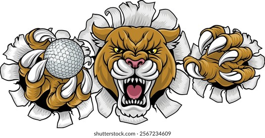 Cougar, panther, mountain lion or puma wildcat cat golf mascot sports team mascot holding a ball