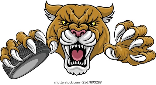 Cougar, panther, mountain lion or puma wildcat cat ice hockey sports mascot holding a hockey puck