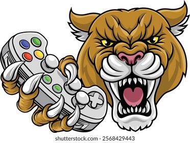 Cougar, panther, mountain lion or puma wildcat cat gamer sports mascot holding a video game controller