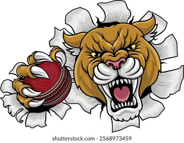 Cougar, panther, mountain lion or puma wildcat cat cricket mascot sports team mascot holding a ball