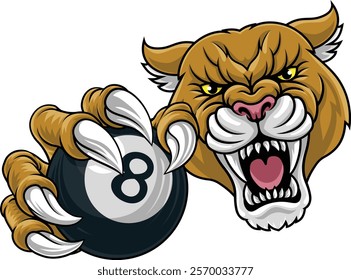 Cougar, panther, mountain lion or puma wildcat cat billiards or pool sports team mascot holding a black eight billiard ball