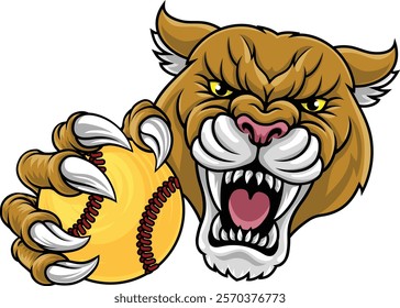 Cougar, panther, mountain lion or puma wildcat cat softball sports team mascot holding a ball
