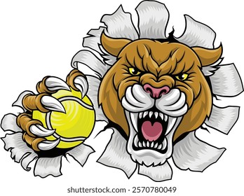 Cougar, panther, mountain lion or puma wildcat cat tennis sports team mascot holding a ball
