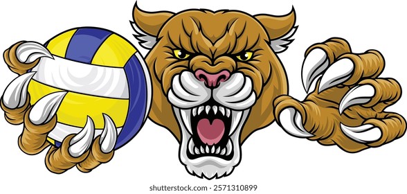 Cougar, panther, mountain lion or puma wildcat cat volleyball sports team mascot holding a ball