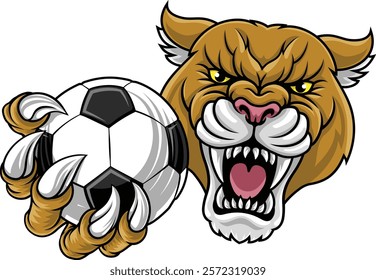 Cougar, panther, mountain lion or puma wildcat cat soccer football sports team mascot holding a ball